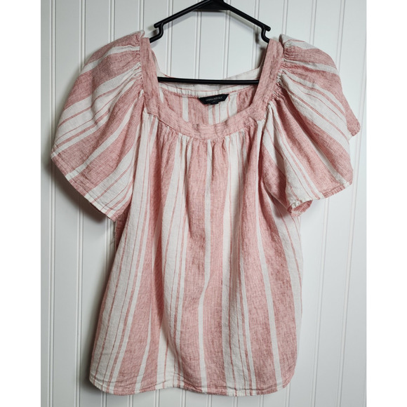 Banana Republic Linen Blend Blouse Small Red White Flutter Sleeves Cottagecore - Picture 1 of 6